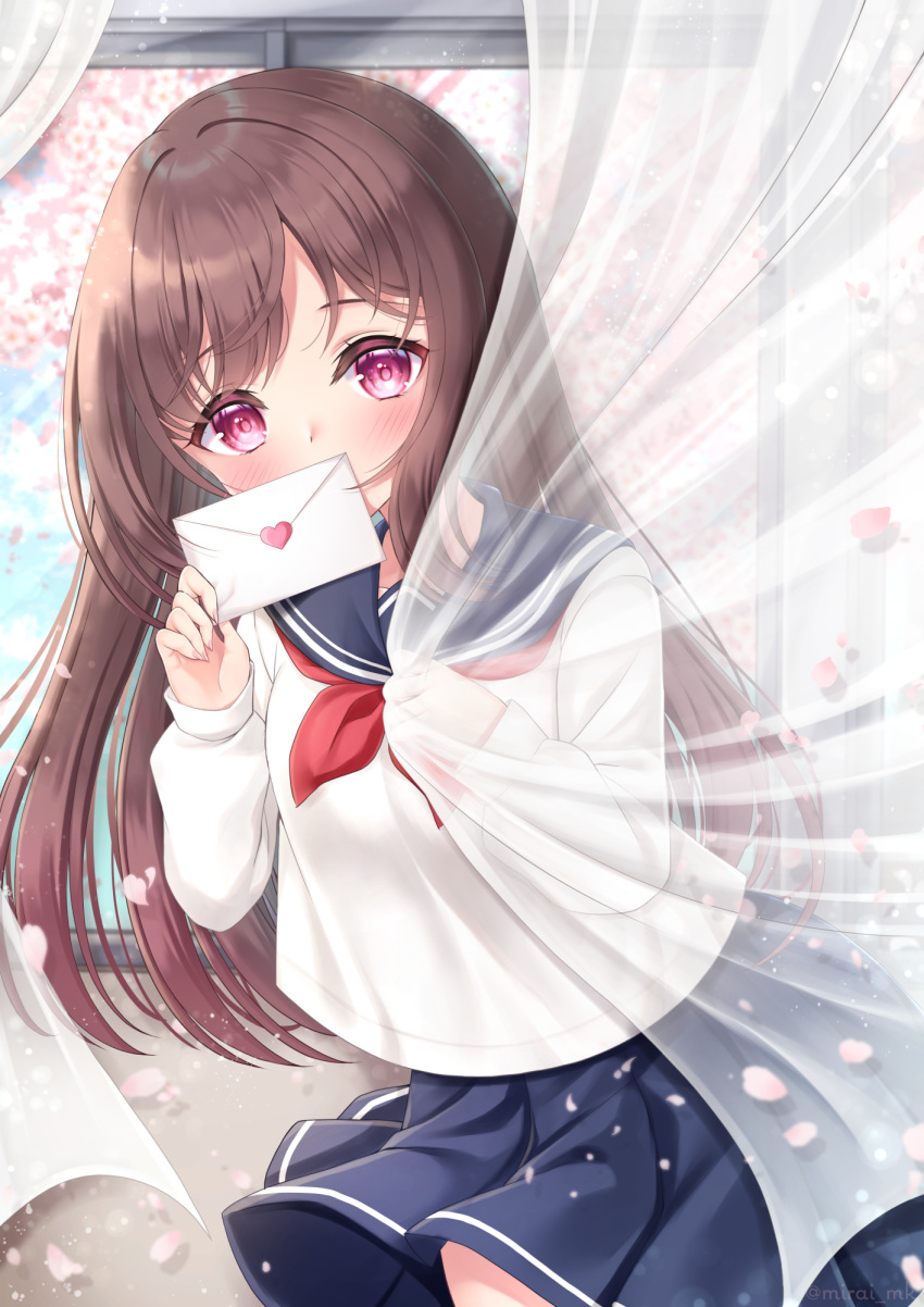 1girl bangs blue_sailor_collar blue_skirt blush breasts brown_hair cherry_blossoms commentary_request covered_mouth curtains day envelope eyebrows_visible_through_hair heart highres holding holding_envelope indoors long_hair long_sleeves looking_at_viewer love_letter mirai_(happy-floral) neckerchief original petals pleated_skirt purple_eyes red_neckwear sailor_collar school_uniform serafuku shirt skirt sleeves_past_wrists small_breasts solo transparent very_long_hair white_shirt window