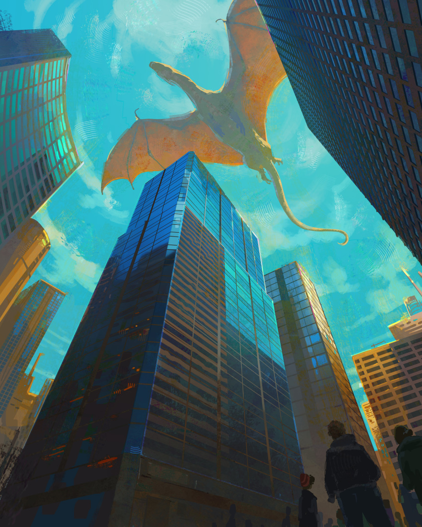 2021 building city cloud day detailed_background digital_media_(artwork) dragon feral group hi_res human long_neck long_tail low-angle_view mammal membrane_(anatomy) membranous_wings orange_membrane outside scalie sky skyscraper solo_focus spread_wings tamberella wings worm's-eye_view wyvern