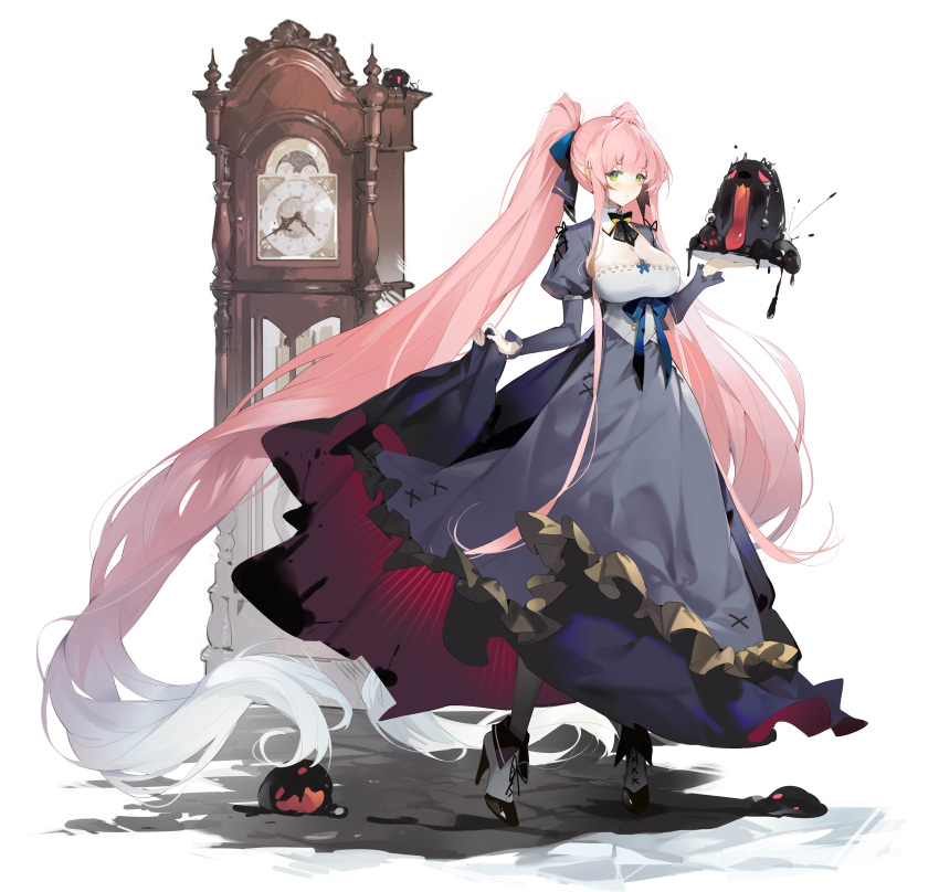 1girl absurdly_long_hair absurdres black_dress black_legwear breasts clock creature dress full_body gradient_hair grandfather_clock green_eyes helic_(7317helic) high_heels highres juliet_sleeves large_breasts long_hair long_sleeves maid multicolored_hair original pendulum_clock pink_hair pointy_ears puffy_sleeves sidelocks slime_(creature) standing twintails very_long_hair white_hair