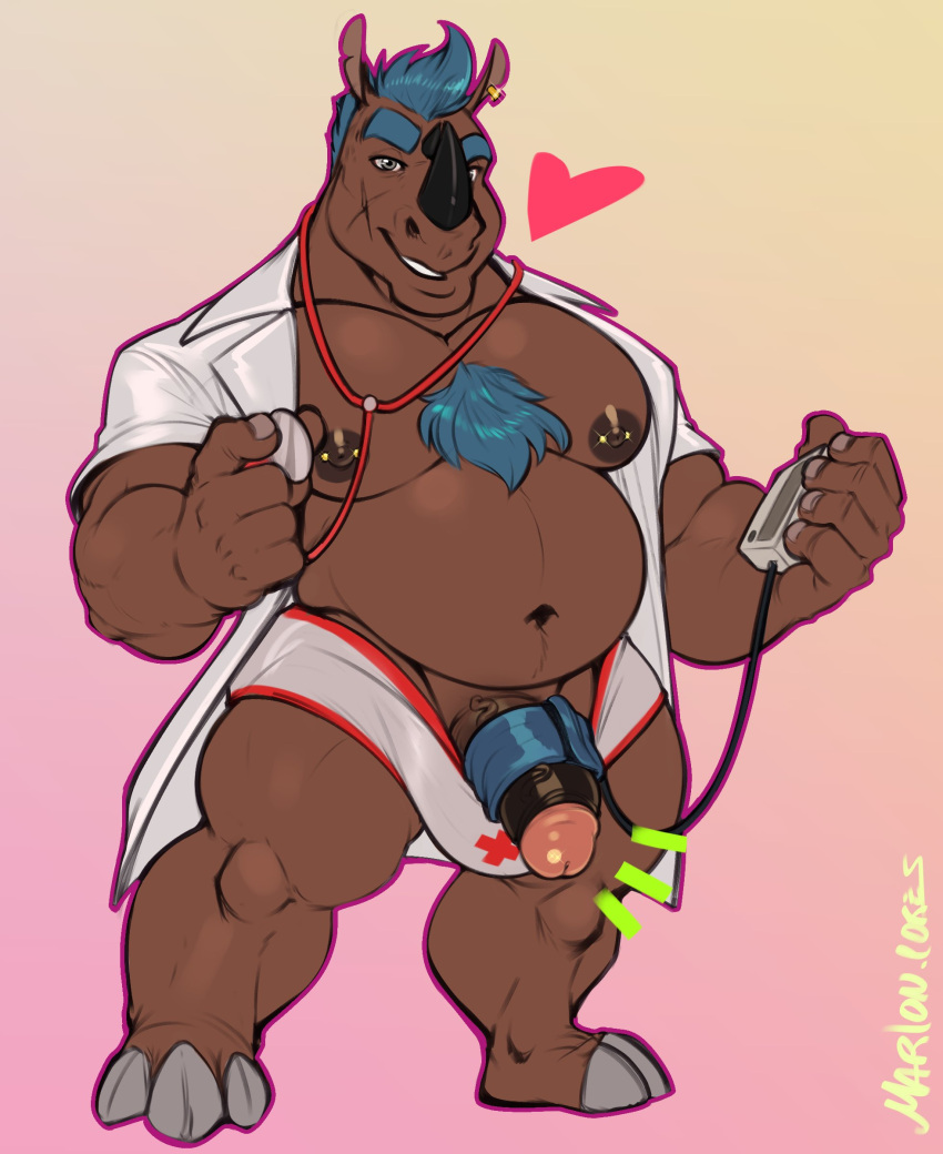 &lt;3 absurd_res anthro belly big_belly blue_hair brown_body chest_tuft clothed clothing doctor genitals hair hi_res horn male mammal marlon.cores medical_instrument mordechai musclegut muscular muscular_anthro muscular_male navel nipple_piercing nipples open_clothing open_topwear pecs penis piercing rhinocerotoid scientific_instrument slightly_chubby solo topwear tuft underwear