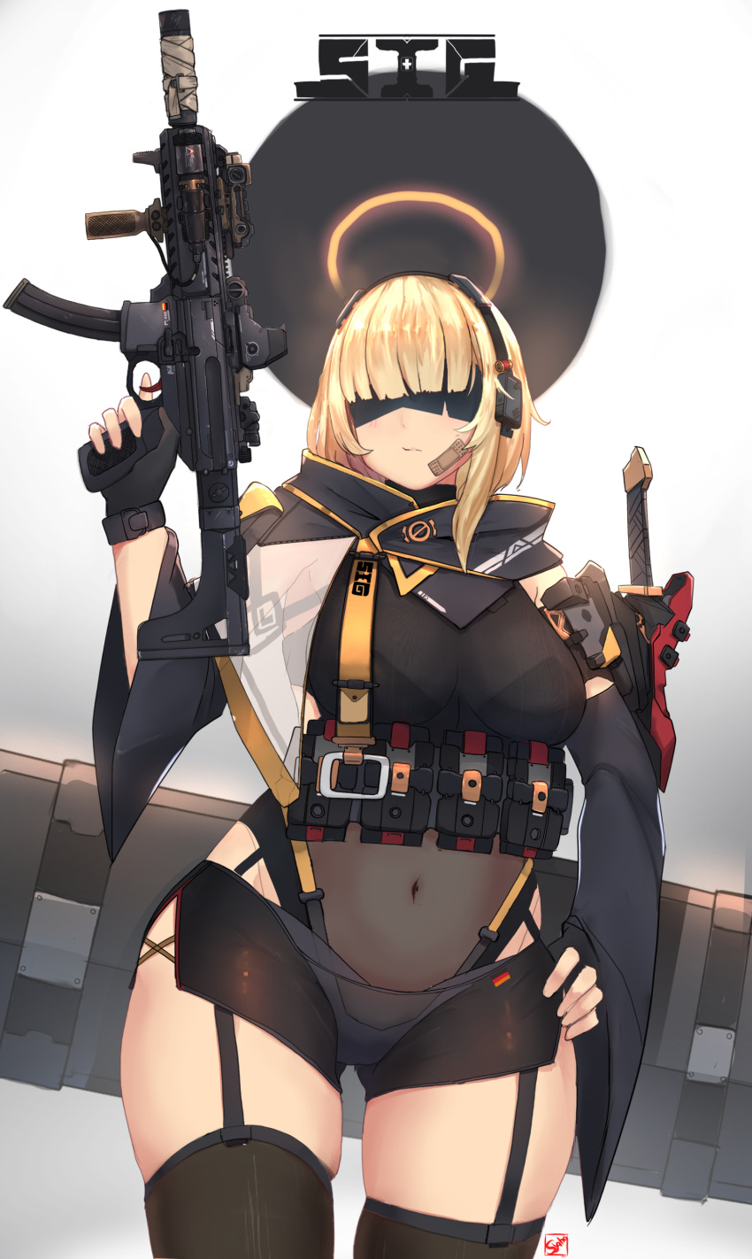 1girl absurdres assault_rifle bandaid bandaid_on_cheek bangs black_sleeves blonde_hair breasts detached_sleeves gun halo hand_on_hip headphones highres holding holding_gun holding_weapon holstered_weapon knife medium_breasts original rifle science_fiction skindentation solo syaha thick_thighs thighhighs thighs weapon wide_hips wide_sleeves