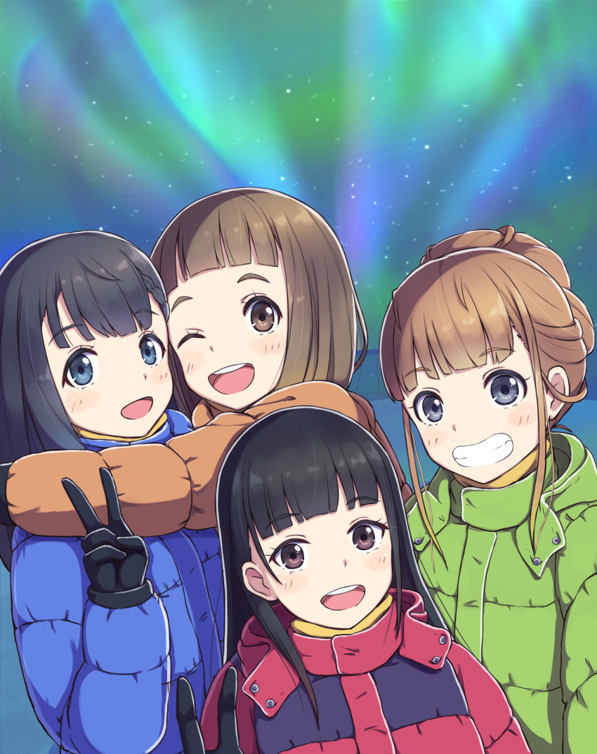 4girls :d ;d aurora bangs black_gloves black_hair blue_coat blue_eyes blush brown_eyes brown_hair coat gloves green_coat hair_bun highres hug kobuchizawa_shirase kumakumatc long_hair miyake_hinata multiple_girls one_eye_closed open_mouth orange_coat outdoors red_coat shiraishi_yuzuki short_hair smile sora_yori_mo_tooi_basho tamaki_mari upper_body v