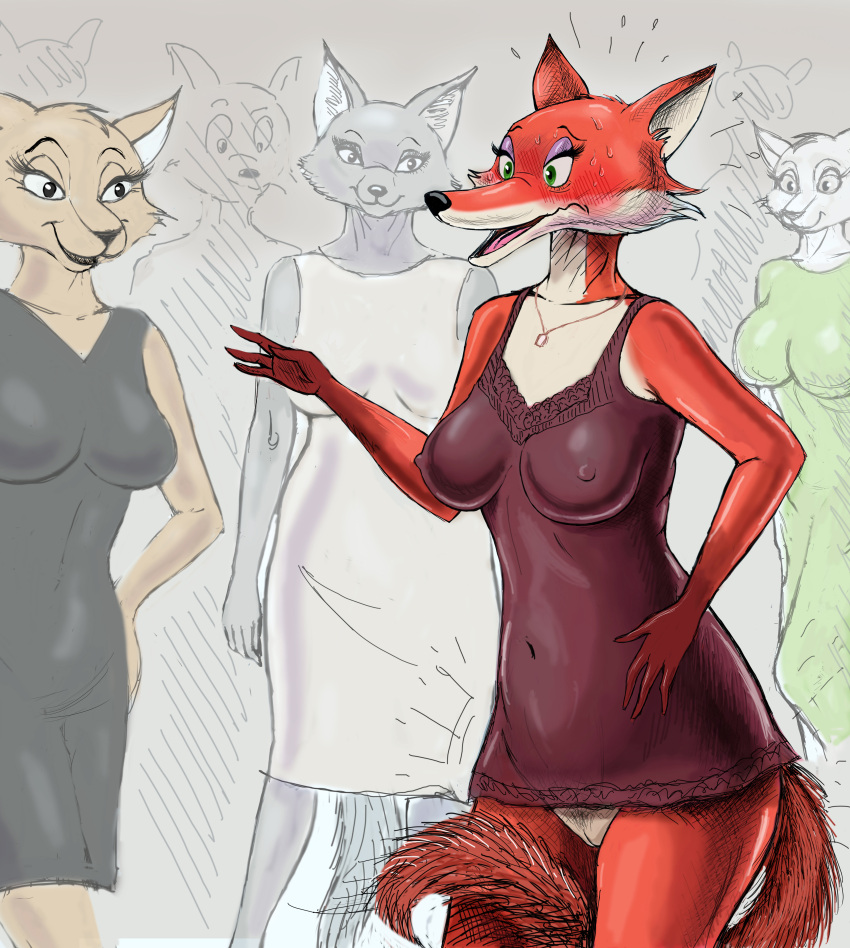 absurd_res anthro blush bottomless braless breasts canid canine clothed clothing dress embarrasing embarrassed embarrassed_nude_exposure felid feline female fox genitals ghj103 group hi_res humiliating humiliation mammal nipples nude public_humiliation public_nudity pussy slip smile underwear undressed wardrobe_malfunction