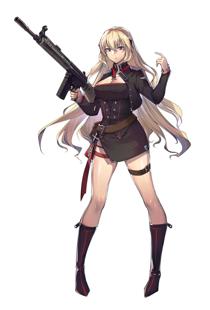 1girl absurdres bangs battle_rifle belt black_footwear black_jacket blonde_hair boots breasts brown_belt cleavage cross cross_necklace eyebrows_visible_through_hair g3_(girls_frontline) girls_frontline gun h&amp;k_g3 hand_up highres holding holding_weapon jacket jewelry legs long_hair looking_at_viewer medium_breasts necklace purple_eyes rifle slmsxiaodu solo standing uniform weapon white_background