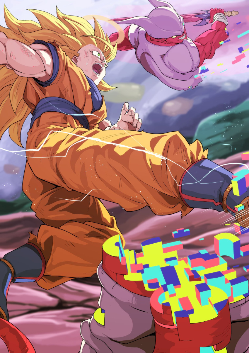 2boys after_(artist) battle battle_damage blonde_hair dougi dragon_ball dragon_ball_z grin halo highres holding holding_sword holding_weapon horns janemba kicking long_hair male_focus multiple_boys smile son_goku super_saiyan super_saiyan_3 surprised sword teleport weapon