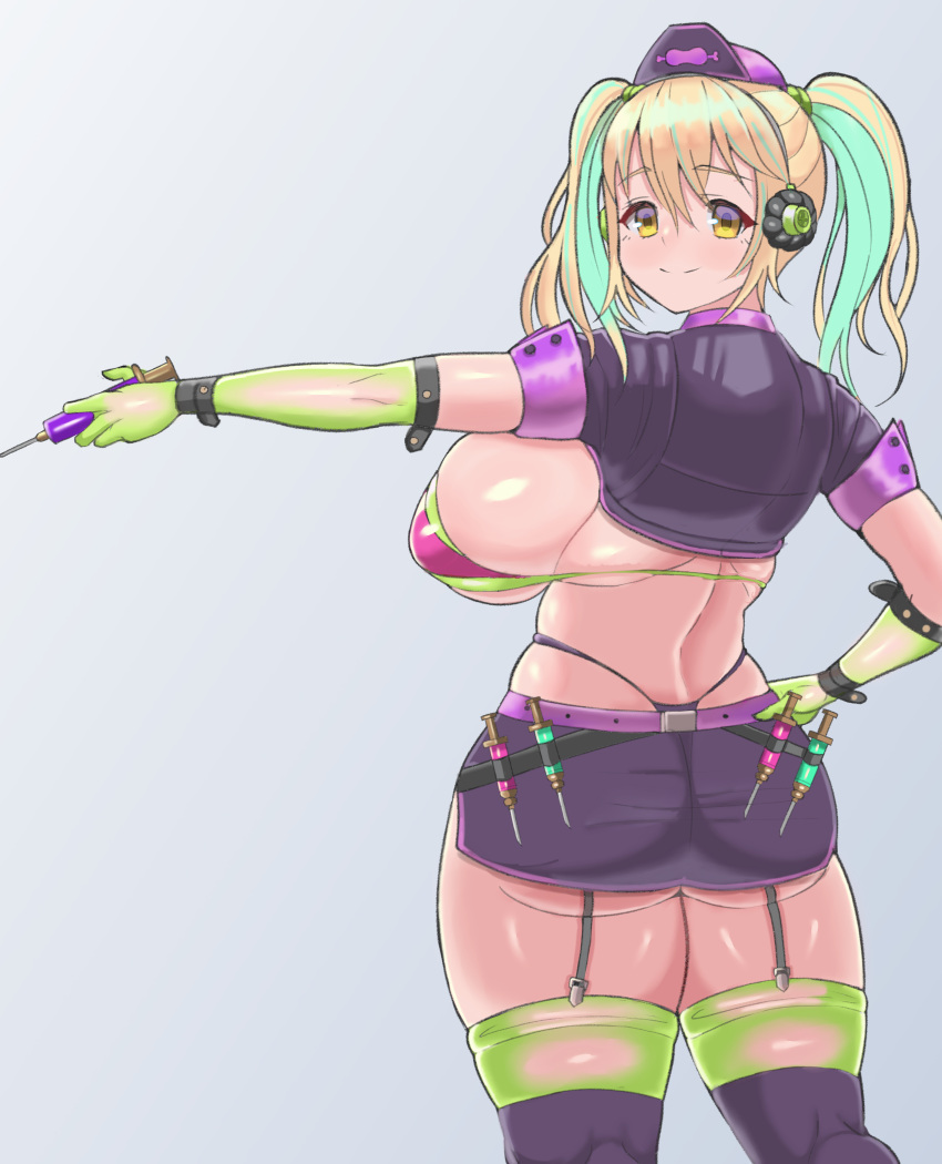 1girl absurdres aqua_hair belt bikini blonde_hair breasts coat coat_on_shoulders cosplay cowboy_shot fate/grand_order fate_(series) florence_nightingale_(fate) florence_nightingale_(fate)_(cosplay) garter_belt gloves green_bikini green_gloves green_legwear hat headphones highres huge_breasts layered_bikini looking_at_viewer multicolored_hair nitroplus nurse_cap orange_eyes oswald pantyhose pink_belt plump purple_belt rubber_gloves shrug_(clothing) skindentation smile solo super_pochaco swimsuit syringe thick_thighs thighhighs_under_boots thighs trick_or_treatment twintails two-tone_hair