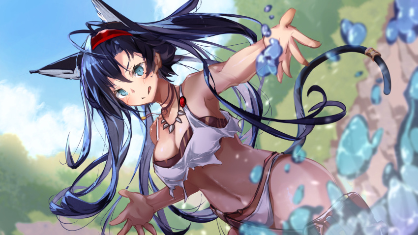 1girl :q animal_ears arknights bare_shoulders bikini blaze_(arknights) blue_eyes blue_hair blush breasts cat_ears cat_tail commentary_request day headband hellnyaa highres long_hair looking_at_viewer medium_breasts navel outdoors pouch solo standing stomach swimsuit tail thigh_pouch tongue tongue_out tooth_necklace wading water white_bikini