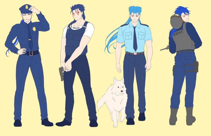 1other alternate_costume animal back belt blue_hair boots bulletproof_vest closed_mouth collared_shirt contemporary cu_chulainn_(fate)_(all) cu_chulainn_(fate/grand_order) cu_chulainn_(fate/prototype) cu_chulainn_alter_(fate/grand_order) dog earrings facepaint fate/grand_order fate/prototype fate/stay_night fate_(series) floating_hair from_behind full_body grin gun hand_on_hip handgun hat helmet highres holding holding_gun holding_weapon jewelry lancer legband long_hair long_sleeves looking_at_viewer looking_back male_focus multiple_views muscular muscular_male necktie one_eye_closed pants police police_badge police_dog police_hat police_uniform policeman ponytail red_eyes saku_(saksak1100) shirt short_sleeves simple_background skin_tight smile spiked_hair swat uniform weapon white_wolf wolf