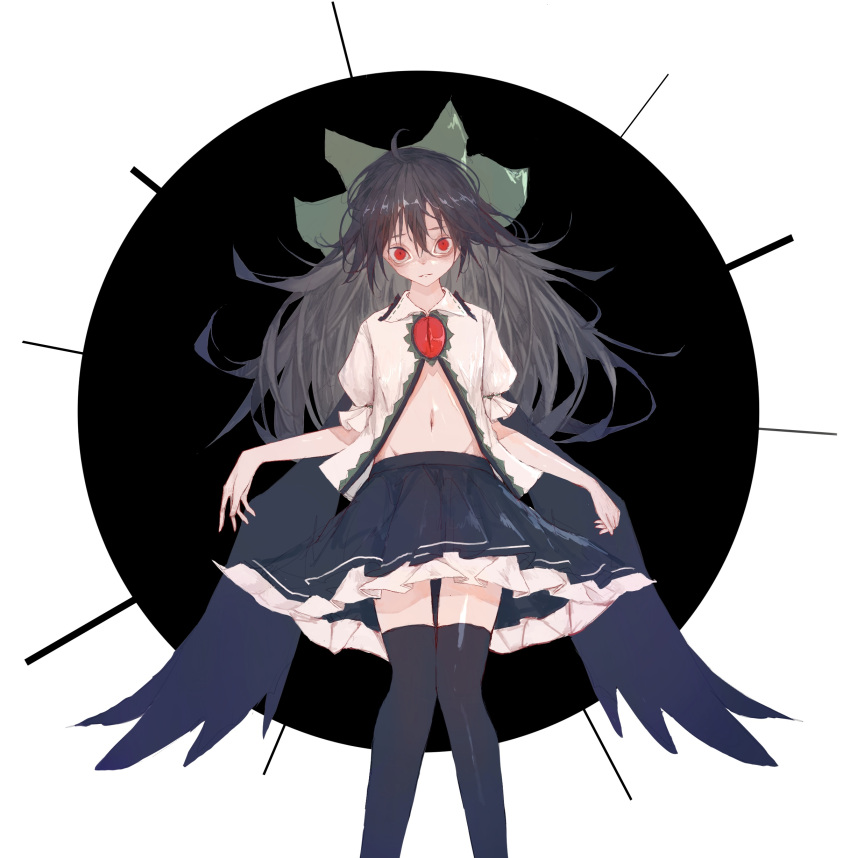 1girl absurdres bangs bird_wings black_background black_hair black_legwear black_skirt black_wings blouse closed_mouth collared_blouse commentary feet_out_of_frame frilled_skirt frills hair_between_eyes highres ika_(35513985) kneehighs long_hair looking_at_viewer navel open_clothes open_shirt puffy_short_sleeves puffy_sleeves red_eyes reiuji_utsuho short_sleeves skirt solo third_eye touhou two-tone_background white_background white_blouse wings