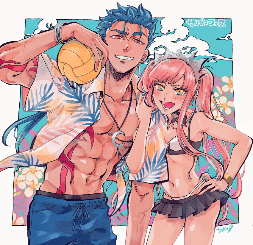 1boy 1girl :d aqua_eyes arm_hug arm_tattoo bikini black_skirt blue_hair blue_shorts bracelet chest_tattoo cowboy_shot crescent_necklace cu_chulainn_(fate)_(all) fate/grand_order fate_(series) grin hair_strand hand_on_hip hawaiian_shirt highres jewelry lancer long_hair looking_at_viewer male_swimwear medb_(fate)_(all) medb_(swimsuit_saber)_(fate) miniskirt multicolored multicolored_eyes open_mouth pink_hair red_eyes shirt shorts sidelocks signature skirt smile standing swim_trunks swimsuit swimwear takara_hajimaru tattoo teeth thick_eyebrows tiara twintails veins volleyball yellow_eyes