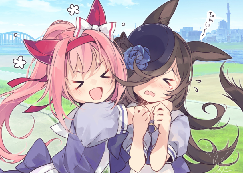 &gt;_&lt; 2girls animal_ears bangs blue_headwear blush brown_hair building closed_eyes cloud day ear_covers flying_sweatdrops hair_over_one_eye hairband haru_urara_(umamusume) hat highres horse_ears horse_girl hug long_hair multiple_girls open_mouth outdoors pink_hair pink_hairband ponytail rice_shower school_uniform short_sleeves sidelocks signature sky tears tilted_headwear toutenkou tracen_school_uniform umamusume upper_body