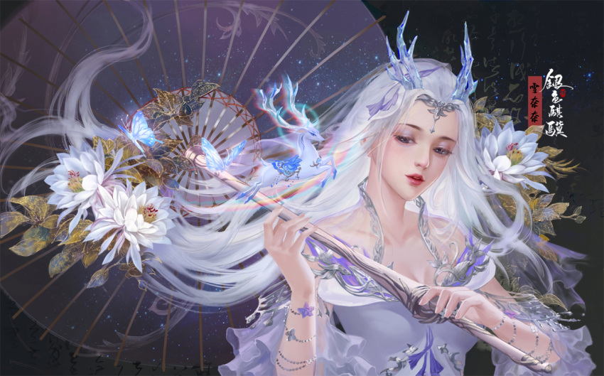 1girl antlers bracelet breasts bug butterfly circlet cleavage crystal deer flower grey_eyes gu_jian_qi_tan horns insect jewelry long_hair medium_breasts oil-paper_umbrella parted_lips red_lips silver_dress solo swords_of_legends umbrella upper_body white_hair yinse_qi_ji