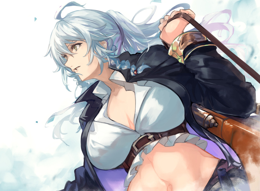 1girl ahoge braid breasts cleavage collared_shirt commentary_request crop_top dutch_angle granblue_fantasy gun large_breasts long_hair midriff navel nos rifle shirt silva_(granblue_fantasy) silver_hair sniper_rifle twin_braids wavy_hair weapon white_shirt yellow_eyes