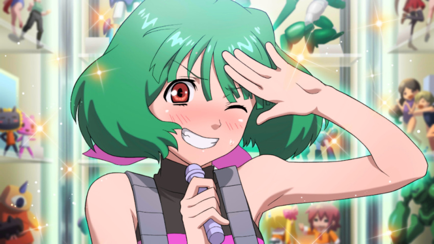 1girl armpits game_cg green_hair grin holding holding_microphone macross macross_frontier macross_frontier:_itsuwari_no_utahime microphone official_art one_eye_closed ranka_lee red_eyes salute sleeveless smile solo sweat teeth uta_macross_sumaho_deculture