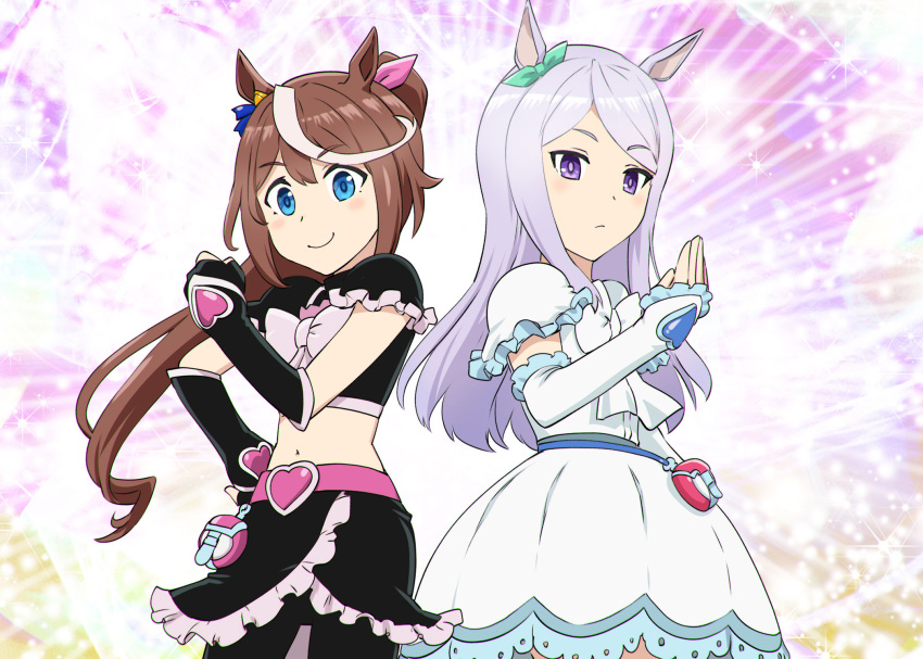 2girls animal_ears bangs bike_shorts black_gloves black_shirt blue_eyes blush blush_stickers brown_hair clenched_hand closed_mouth commentary_request cosplay cowboy_shot crop_top cure_black cure_black_(cosplay) cure_white cure_white_(cosplay) dress ear_ribbon eyebrows_visible_through_hair fingerless_gloves frown futari_wa_precure gloves hair_between_eyes hair_flaps hair_ribbon hand_on_hip hand_up heart high_ponytail highres horse_ears jewelry long_hair looking_at_viewer mejiro_mcqueen midriff multicolored_hair multiple_girls navel ponytail pose precure purple_eyes purple_hair ribbon shirt shorts shorts_under_skirt sidelocks skirt sleeveless sleeveless_shirt smile standing streaked_hair swept_bangs tokai_teio two-tone_hair ueyama_michirou umamusume white_dress white_hair