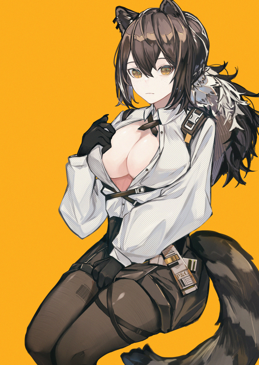 1girl animal_ears arknights bangs barcode_print black_gloves black_shorts breasts brown_eyes brown_hair brown_legwear cleavage closed_mouth collared_shirt earrings eyebrows_visible_through_hair fanshu feet_out_of_frame gloves highres invisible_chair jewelry large_breasts legwear_under_shorts long_sleeves looking_at_viewer low_ponytail no_bra open_clothes open_shirt pantyhose puffy_long_sleeves puffy_sleeves raccoon_ears raccoon_girl raccoon_tail robin_(arknights) shirt shorts sitting solo tail unbuttoned unbuttoned_shirt white_shirt