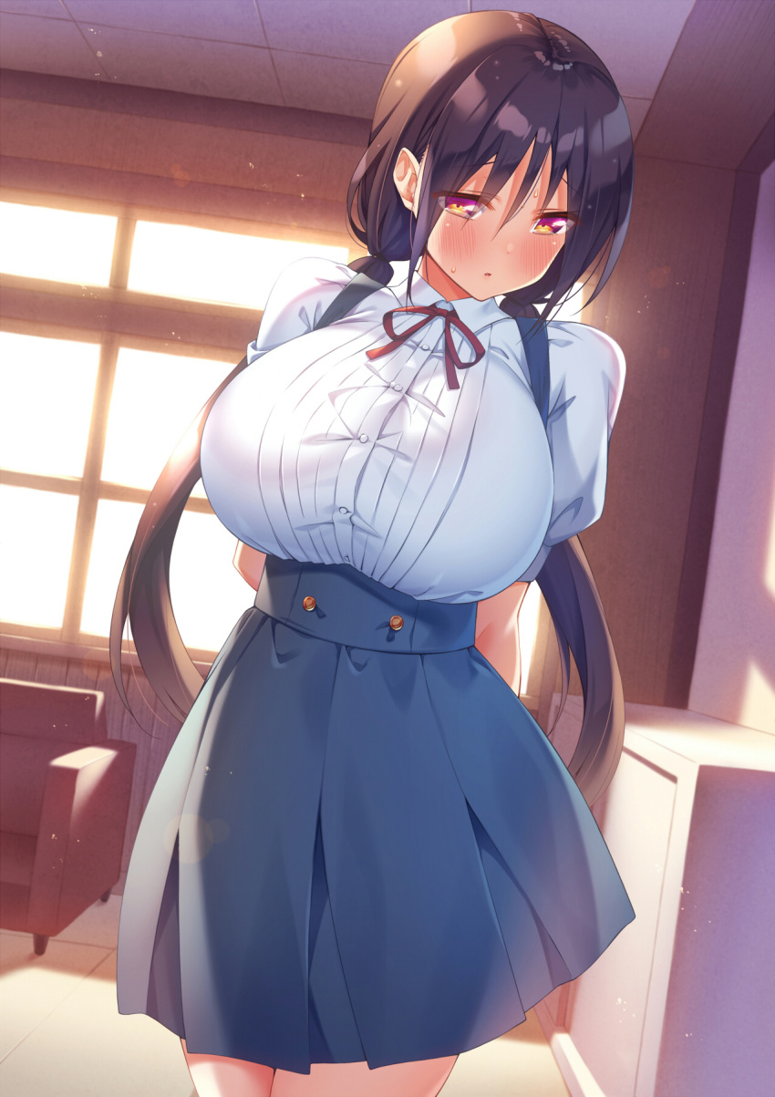 1girl areolae arms_behind_back bangs black_hair blue_skirt blush bow bowtie breasts bursting_breasts ceiling collared_shirt commentary couch duplicate evening highres huge_breasts ichi_makoto indoors large_areolae long_hair looking_at_viewer low_twintails original overall_skirt parted_lips red_neckwear shirt short_sleeves skirt solo standing twintails white_shirt window yellow_eyes