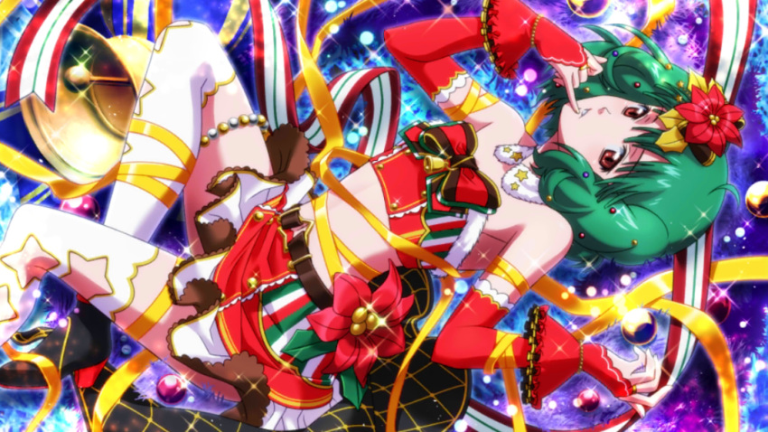 1girl armpits bell belt bow bridal_gauntlets brown_eyes christmas crop_top detached_collar finger_to_mouth flat_chest flower fur_trim game_cg gloves green_hair hair_ornament macross macross_frontier midriff navel official_art pinky_out pinky_to_mouth poinsettia ranka_lee ribbon short_hair skirt solo thighhighs uta_macross_sumaho_deculture