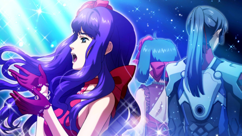 1boy 2girls ahoge back_bow back_cutout blue_eyes blue_hair bow bracelet clothing_cutout dress from_side game_cg gloves green_hair hair_bow hair_ornament jewelry long_hair macross macross_frontier multiple_girls music official_art open_mouth pilot_suit ponytail purple_hair ranka_lee saotome_alto sheryl_nome short_hair singing sleeveless sleeveless_dress uta_macross_sumaho_deculture wavy_hair