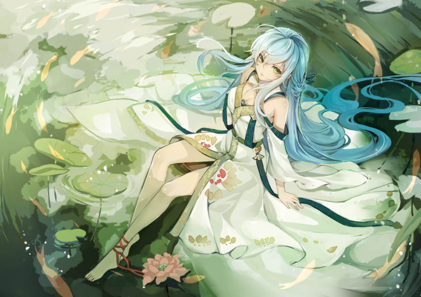 animal aqua_hair barefoot cropped dress fish flowers green_eyes k12io long_hair original water