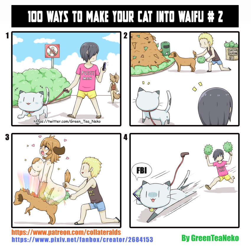 &lt;3 4koma absurd_res anal animal_humanoid anthro anus blood blush bodily_fluids bottomwear breasts canid canid_humanoid canine canine_humanoid canis clothed clothing comic digital_media_(artwork) dog_humanoid domestic_cat domestic_dog duo durian english_text erection felid feline felis female female_penetrated feral feral_to_humanoid fur greenteaneko group hair hair_over_eye hi_res human humanoid humor leash male male/female male_penetrating male_penetrating_female mammal mammal_humanoid meme nope nude object_penetration one_eye_obstructed open_mouth pale penetration phone plant running shirt shorts shrub species_transformation tail_pull tank_top text toony topwear transformation trash_can url x_anus