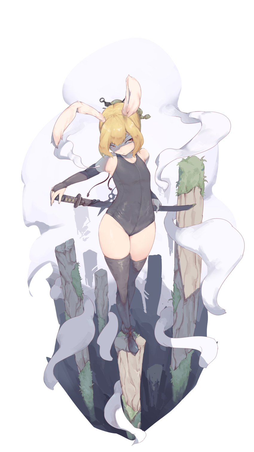 1girl absurdres animal_ears black_footwear black_gloves black_legwear black_leotard blonde_hair bridal_gauntlets bunny_ears elbow_gloves elin full_body gloves highres leotard long_hair ninja ninja_(tera_online) outdoors ponytail rou_(rou22) shaded_face sheath sheathed shoes shuriken shuriken_hair_ornament solo sword tera_online thighhighs thighs weapon yellow_eyes