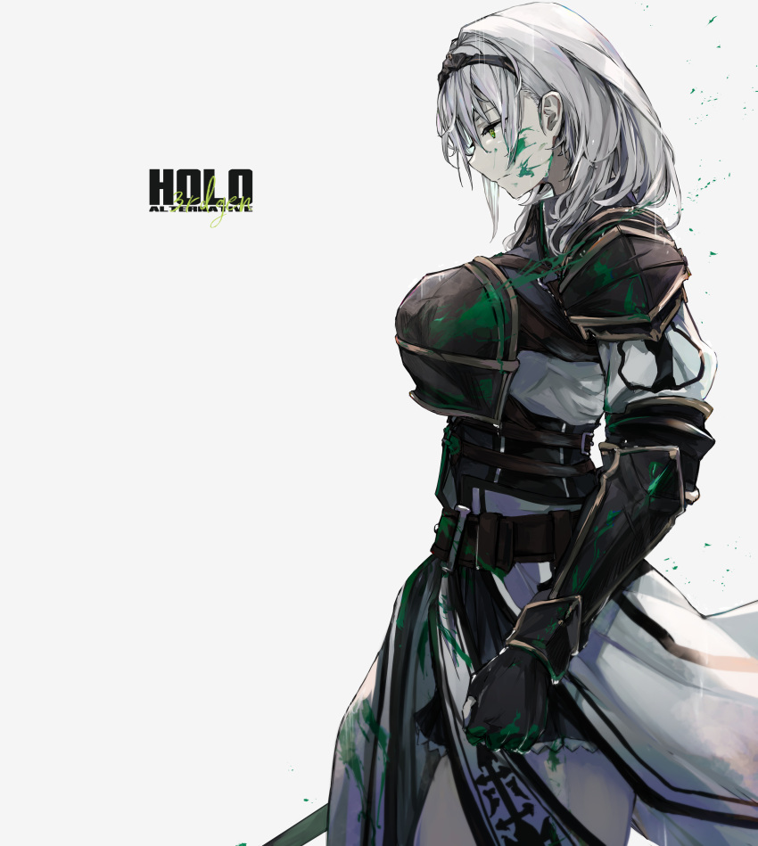 1girl absurdres armor black_gloves black_headband blood blood_on_face bloody_clothes breasts fingerless_gloves from_side gloves green_blood green_eyes headband highres hololive large_breasts shirogane_noel short_hair silver_hair simple_background solo tiara tsumeki virtual_youtuber white_background