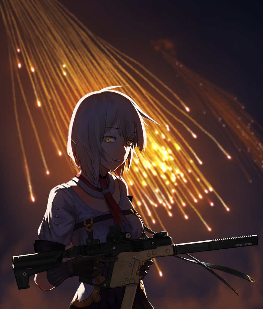 1girl absurdres backlighting bangs black_gloves blurry blurry_background breasts commentary dark eyebrows_visible_through_hair flare girls_frontline gloves gun highres holding holding_gun holding_weapon huqu kriss_vector looking_at_viewer necktie night outdoors parted_lips puffy_short_sleeves puffy_sleeves red_neckwear shirt short_hair short_sleeves sidelocks silver_hair smile solo submachine_gun suppressor trigger_discipline upper_body vector_(girls_frontline) weapon weapon_name white_shirt yellow_eyes