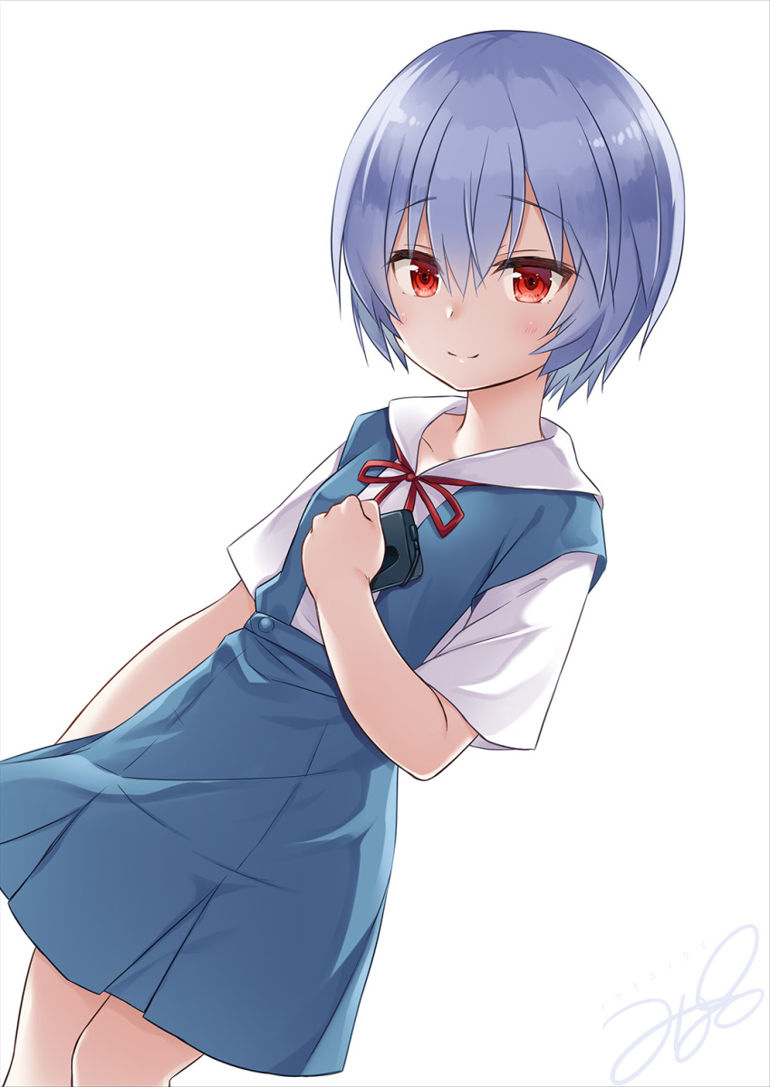 1girl ayanami_rei bangs blue_hair commentary_request eyebrows_visible_through_hair hair_between_eyes highres looking_at_viewer neon_genesis_evangelion red_eyes school_uniform short_hair signature simple_background smile solo white_background yukino_minato