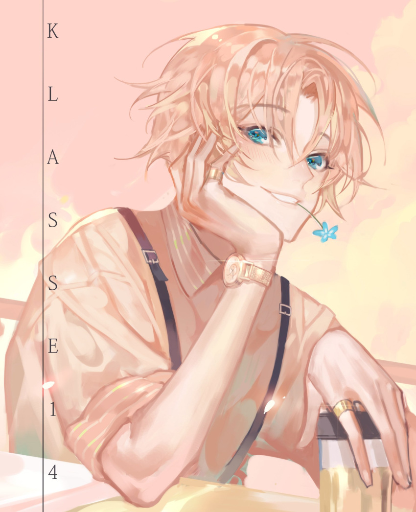 1boy arm_support bangs blonde_hair blue_eyes chyoel fingernails grey_shirt hand_up head_rest highres jewelry klasse14 looking_at_viewer male_focus mouth_hold parted_bangs ring shirt short_sleeves smile solo upper_body watch wing_collar wristwatch