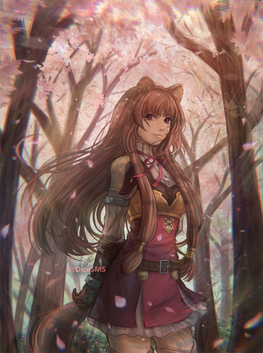 1girl animal_ears arm_behind_back bangs belt belt_buckle boots brown_belt brown_gloves brown_hair buckle cowboy_shot dress floating_hair forest gloves highres long_hair looking_at_viewer nature neck_ribbon petals raccoon_ears raccoon_girl raccoon_tail raphtalia red_eyes red_ribbon ribbon short_dress solo standing stephanie_sybydlo tail tate_no_yuusha_no_nariagari thigh_boots thighhighs tree very_long_hair