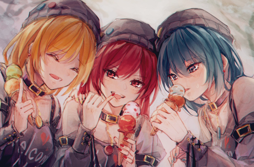 3girls :p ^_^ adapted_costume arm_belt bangs bare_shoulders beanie belt_collar blonde_hair blue_eyes blue_hair breasts closed_eyes clothes_writing collar contemporary cross-laced_clothes dutch_angle earrings eyebrows_visible_through_hair finger_licking food from_below grey_headwear grey_shirt hair_between_eyes hand_up hat heart hecatia_lapislazuli hecatia_lapislazuli_(earth) hecatia_lapislazuli_(moon) highres holding holding_food ice_cream index_finger_raised jewelry licking light_blush looking_at_another medium_breasts medium_hair multiple_girls nail_polish off-shoulder_shirt off_shoulder open_mouth pinky_out red_eyes red_hair red_nails shirt shometsu-kei_no_teruru short_sleeves smile tongue tongue_out touhou upper_body |d