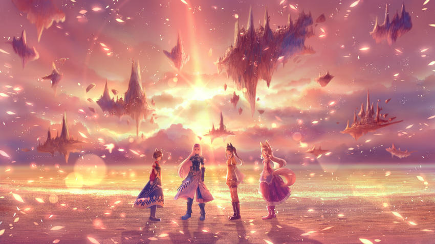4girls animal_ears armor backlighting bangs beach black_hair blonde_hair blunt_bangs boots breastplate brown_hair cat_ears choker cloud cloudy_sky detached_sleeves dress fantasy floating_island footprints forehead fox_ears fox_tail gloves highres horizon lens_flare light_particles long_hair looking_to_the_side multiple_girls ocean open_mouth original parted_bangs pauldrons ponytail puffy_shorts sakimori_(hououbds) scenery shadow short_hair shorts shoulder_armor sidelocks skirt sky sleeveless sleeveless_dress smile sunset tail thighhighs water
