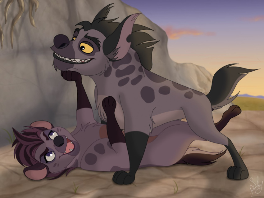 all_fours disney duo female feral fur hyaenid janja jasiri_(tlg) legs_up looking_at_another lying male mammal on_back open_mouth smile specky-arts spots spotted_body spotted_fur spotted_hyena the_lion_guard the_lion_king