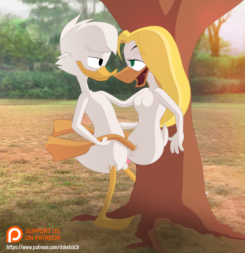 2020 absurd_res against_tree ambiguous_penetration anatid anseriform avian beak bird blonde_hair breasts disney dsketch3r_(artist) duck ducktales ducktales_(2017) duo goldie_o'gilt hair hi_res intraspecies non-mammal_breasts nude outside penetration penile penile_penetration plant scrooge_mcduck sex side_view standing standing_sex tree white_body white_hair