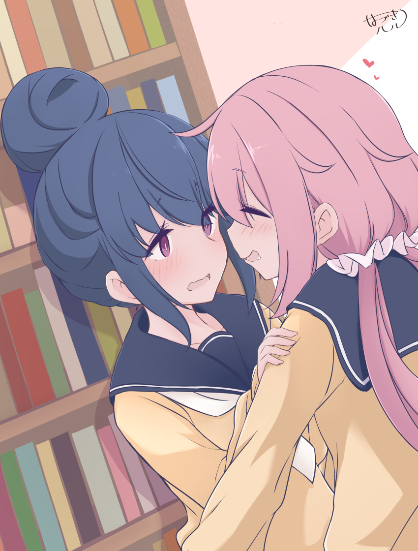 2girls absurdres blue_hair blush book bookshelf closed_eyes commentary drooling embarrassed hair_bun hand_on_another's_shoulder hazuki_haru heart highres indoors kagamihara_nadeshiko library long_hair looking_at_another multiple_girls open_mouth pink_hair purple_eyes school_uniform scrunchie shima_rin signature twintails wavy_mouth yuri yurucamp