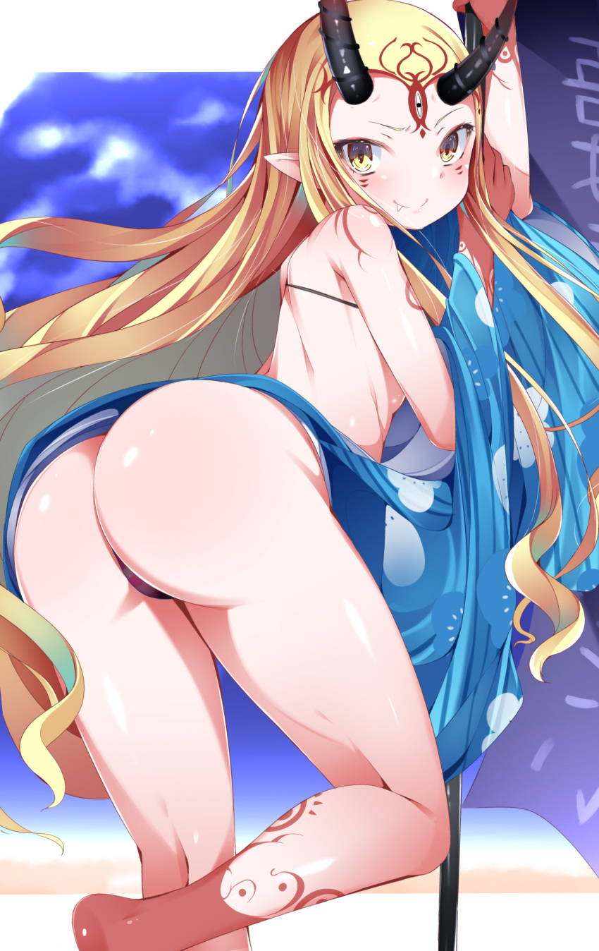 1girl ass ass_focus bare_shoulders barefoot bikini black_bikini blonde_hair blue_kimono buta_(uhoiiotoko) closed_mouth commentary_request facial_mark fate/grand_order fate_(series) feet_out_of_frame forehead_mark highres horns ibaraki_douji_(fate) ibaraki_douji_(swimsuit_lancer)_(fate) japanese_clothes kimono kimono_removed long_hair looking_at_viewer looking_back oni_horns pointy_ears shiny shiny_skin smile solo swimsuit tattoo very_long_hair yellow_eyes