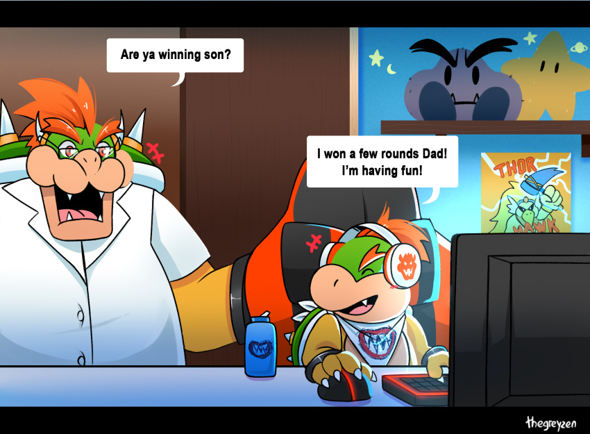 2021 anthro are_ya_winning_son? bottle bowser bowser_jr. chair claws clothing computer dialogue duo english_text father father_and_child father_and_son furniture gaming headphones hi_res horn koopa male mario_bros meme nintendo open_mouth open_smile parent parent_and_child playing_videogame plushie red_eyes scalie shell shirt signature sitting smile son spikes teeth text text_box thegreyzen tongue topwear video_games