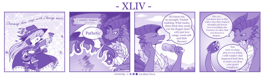 4koma ambiguous_gender clothing comic dialogue disaster_dragon dragon duo english_text feral hi_res human mammal monochrome musical_instrument profanity purple_theme scalie speech_bubble text vavacung weapon wings