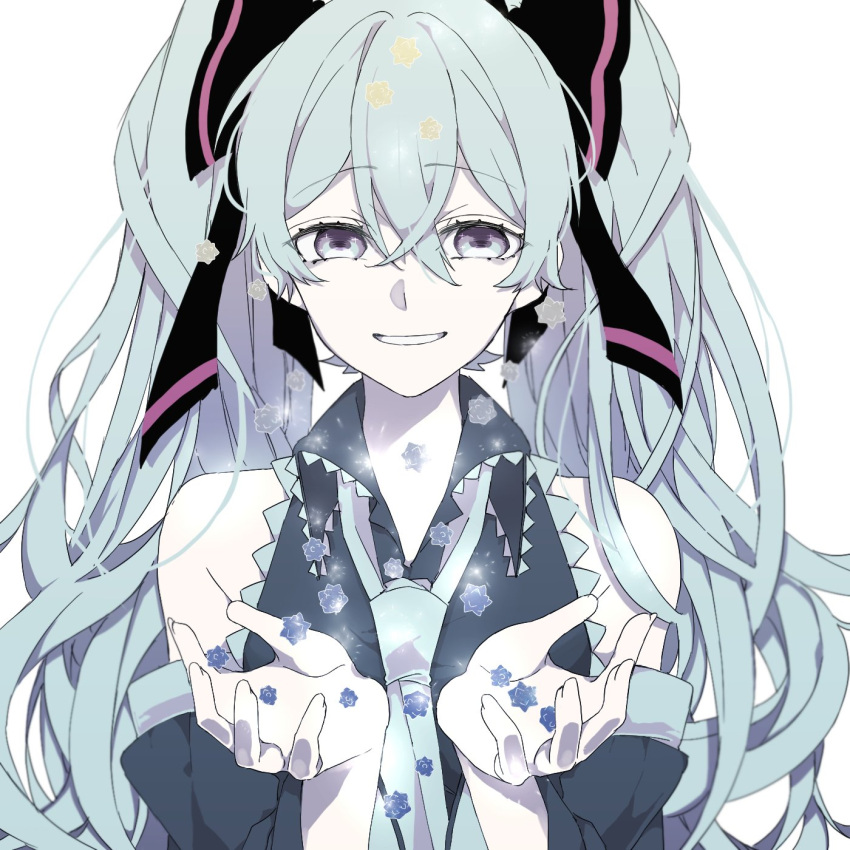 1girl aqua_hair aqua_neckwear bangs bare_shoulders black_ribbon candy crypton_future_media detached_sleeves eiku eyebrows_visible_through_hair food grey_eyes hair_between_eyes hair_ornament hair_ribbon hands_up hatsune_miku highres konpeitou long_hair looking_at_viewer necktie parted_lips piapro ribbon shirt sleeveless sleeveless_shirt smile solo twintails upper_body very_long_hair vocaloid white_background