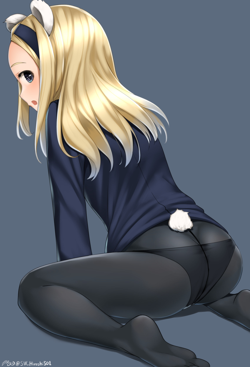 1girl absurdres aleksandra_i_pokryshkin animal_ears artist_name ass bear_ears bear_tail black_legwear black_panties blonde_hair blue_background blue_eyes blush brave_witches butt_crack crotch_seam hair_ornament hairband highres hiroshi_(hunter-of-kct) looking_at_viewer looking_back military military_uniform open_mouth panties panties_under_pantyhose pantyhose shiny shiny_hair simple_background soles solo tail underwear uniform world_witches_series