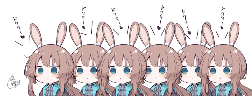 6+girls :&gt; alternate_hair_color amiya_(arknights) animal_ear_fluff animal_ears arknights ascot bangs beni_shake black_jacket blue_eyes blue_neckwear blush brown_hair bunny_ears closed_mouth commentary_request eyebrows_visible_through_hair flying_sweatdrops highres jacket long_hair multiple_girls open_clothes open_jacket ponytail sidelocks signature simple_background translated upper_body v-shaped_eyebrows white_background