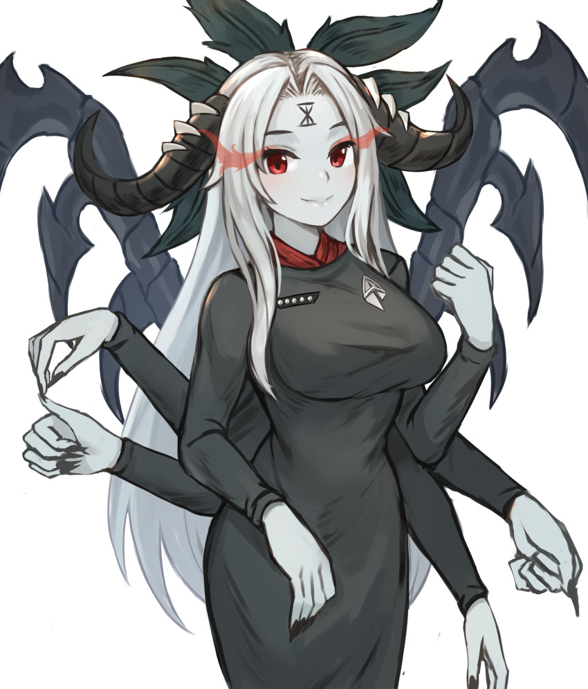 1girl absurdres bangs black_nails breasts chaos_(warhammer) colored_skin commentary demon_girl demon_horns english_commentary enteka_(khornette_quest) extra_arms facial_mark fingernails flaming_eyes forehead_mark grey_skin hair_intakes highres horns khornette_quest large_breasts long_hair long_sleeves monster_girl parted_bangs red_eyes sharp_fingernails simple_background smile solo sookmo star_trek very_long_hair warhammer_40k white_background
