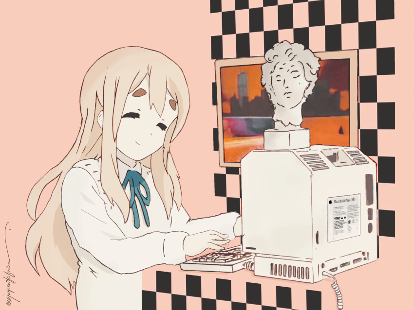 ^_^ absurdres apple_inc. blonde_hair blue_ribbon checkered closed_eyes closed_mouth computer framed_image helios highres k-on! keyboard_(computer) kotobuki_tsumugi long_hair long_sleeves macintosh macintosh_plus_(band) majorpentatonix ocean pastel_colors photo_(object) photoshop_(medium) picture_(object) picture_frame ribbon school_uniform sculpture signature skyline solo sunset typing vaporwave yacht