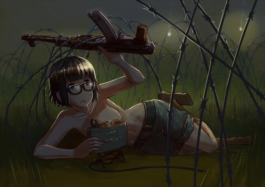 1girl ak-47 assault_rifle barbed_wire belt black_hair black_shorts brown_eyes brown_legwear check_weapon claymore_(mine) erica_(naze1940) explosive flare glasses grass gun highres lying mine_(weapon) night on_side original outdoors rifle short_hair shorts socks solo topless viet_cong vietnam_war weapon