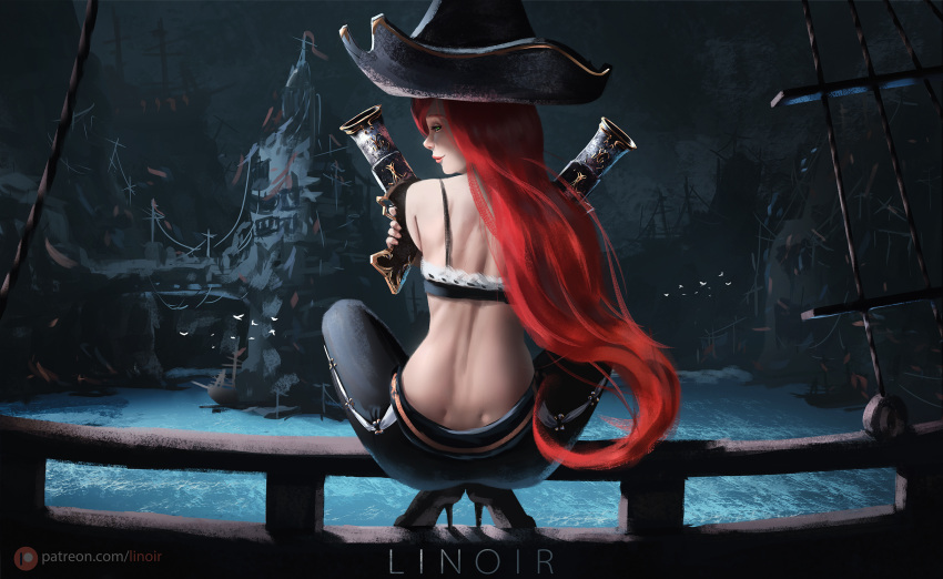 1girl antique_firearm artist_name bikini bikini_top bird black_sky blunderbuss bridge cloud cloudy_sky crossed_arms deck dual_wielding eyelashes filigree finger_on_trigger firearm from_behind gold_trim green_eyes gun handgun hat high_heels highres holding holding_gun holding_weapon league_of_legends linoir lips lipstick long_hair looking_back makeup mast moonlight night no_shirt on_railing outdoors patreon_logo patreon_username pirate_hat pistol power_lines railing red_hair sarah_fortune seagull ship sky smile solo squatting swimsuit very_long_hair water watercraft watermark weapon web_address