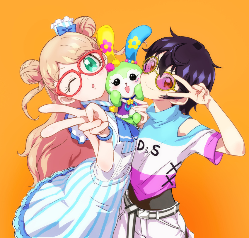 2girls ;o absurdres aqua_eyes belt black_belt black_hair blue_neckwear blue_shirt blue_stripes blush bracelet bunny clothing_cutout commentary_request double_bun dress eyebrows_visible_through_hair facial_mark floral_print flower_(symbol) frilled_dress frills girl_sandwich glasses highres jewelry kanamori_maria kiratto_pri_chan kurokawa_suzu light_brown_hair lips long_hair long_skirt looking_at_viewer mascot multicolored_belt multicolored_shirt multiple_girls neckerchief one_eye_closed orange_eyes partial_commentary pink-tinted_eyewear pink_shirt pose pretty_(series) puckered_lips rabbily_(kiratto_pri_chan) red-framed_eyewear sandwiched shirt short_hair short_sleeves shorts shoulder_cutout simple_background single_stripe skirt sleeveless sleeveless_shirt smile stdl striped_belt sunglasses upper_body v wavy_hair white_belt white_shirt white_shorts white_skirt white_stripes yellow-framed_eyewear yellow_background