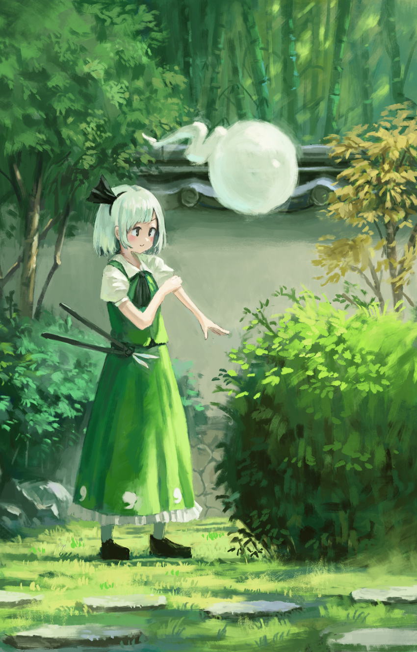 1girl adapted_costume architecture bamboo bamboo_forest bangs black_eyes black_footwear black_neckwear cravat day east_asian_architecture fjsmu forest full_body grass green_skirt green_vest hedge_(plant) hedge_clippers highres konpaku_youmu konpaku_youmu_(ghost) long_skirt looking_to_the_side nature outdoors pantyhose petticoat puffy_short_sleeves puffy_sleeves rolling_sleeves_up shirt short_hair short_sleeves silver_hair skirt smile solo standing stepping_stones touhou tree vest white_legwear white_shirt