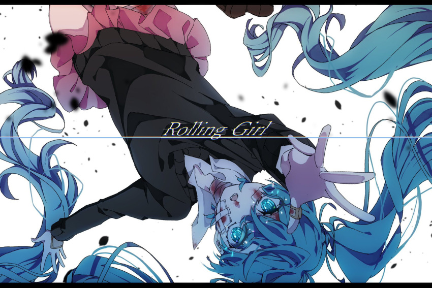 1girl aqua_eyes bandages black_sweater blood blood_on_face bloody_bandages bloody_nose blue_hair collared_shirt eiku floating_hair hatsune_miku highres letterboxed long_hair long_sleeves looking_at_viewer outstretched_arm pink_skirt pleated_skirt rolling_girl_(vocaloid) shirt skirt solo sweater twintails very_long_hair vocaloid white_background white_shirt