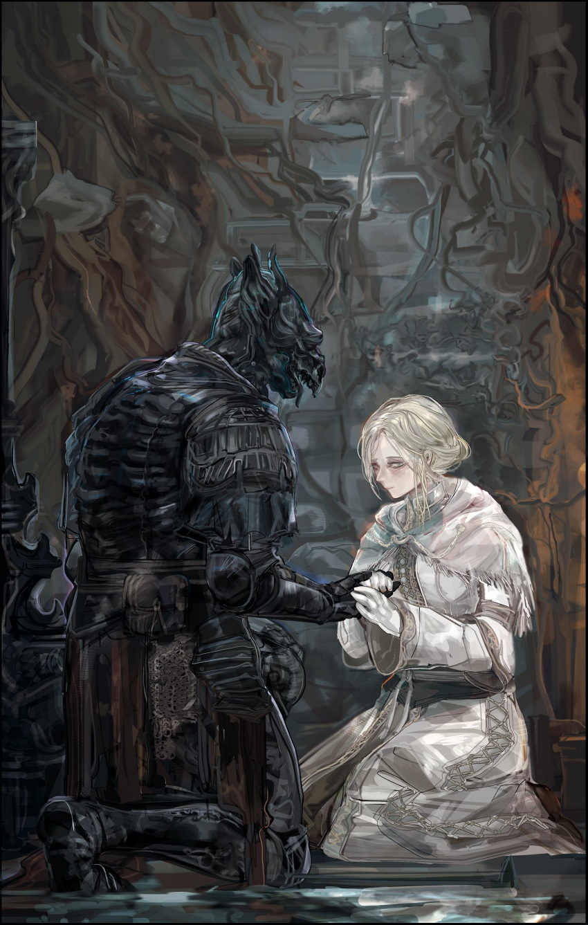 1boy 1girl absurdres armor bangs black_armor blonde_hair breastplate capelet closed_mouth dark_souls_iii eygon_of_carim full_armor full_body gauntlets gloves greaves grey_eyes helmet highres holding_hands irina_of_carim kneeling knight long_sleeves mace nslacka one_knee parted_bangs planted_weapon short_hair smile souls_(from_software) weapon white_capelet white_gloves white_robe